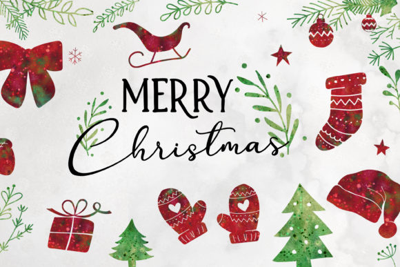 50 Christmas Watercolor Doodle Elements Illustrations