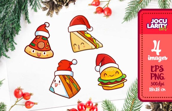 Cute Fast Food in Christmas Mode Illustrations