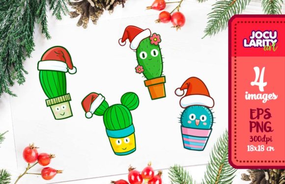 Funny Cute Cactus in Christmas Mode Illustrations
