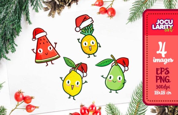 Funny Cute Fruits in Christmas Mode Illustrations