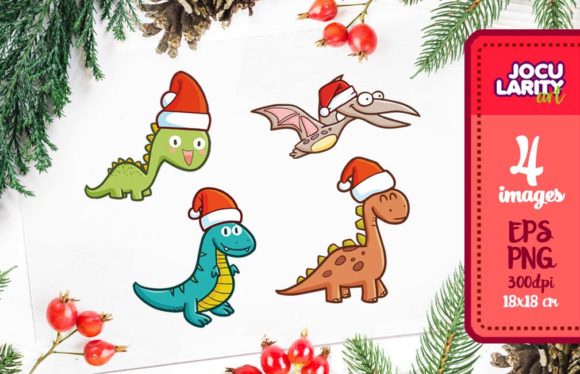 Funny Dinosaurs in Christmas Mode Illustrations